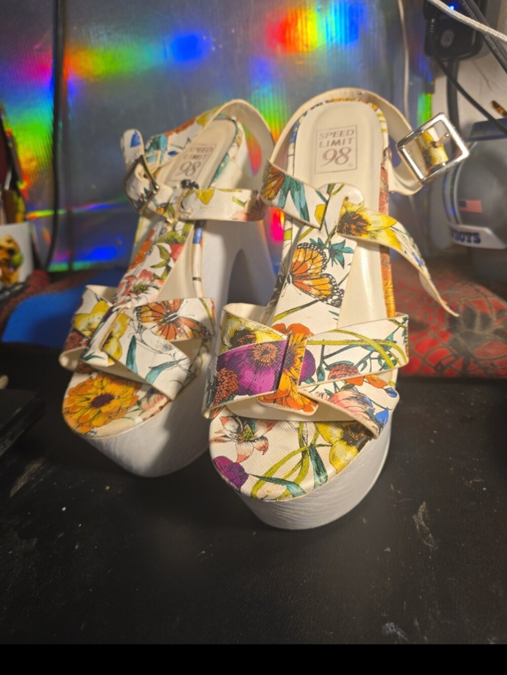 060926 white floral high heels speedlimit 98 size 8.shoes box 22Y#